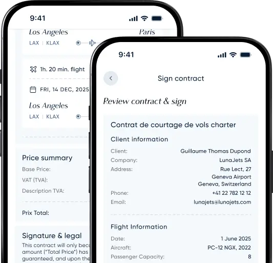 Zwei Smartphone-Bildschirme mit der Oberfläche zur Vertragsunterzeichnung von LunaJet mit Fluginformationen und Zahlungsübersicht für die Buchung von Privatjets von Los Angeles nach Paris