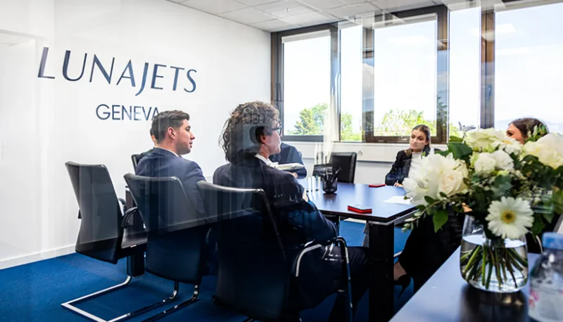Group of business people having a meeting in a modern office with large windows and a flower arrangement on a table.
