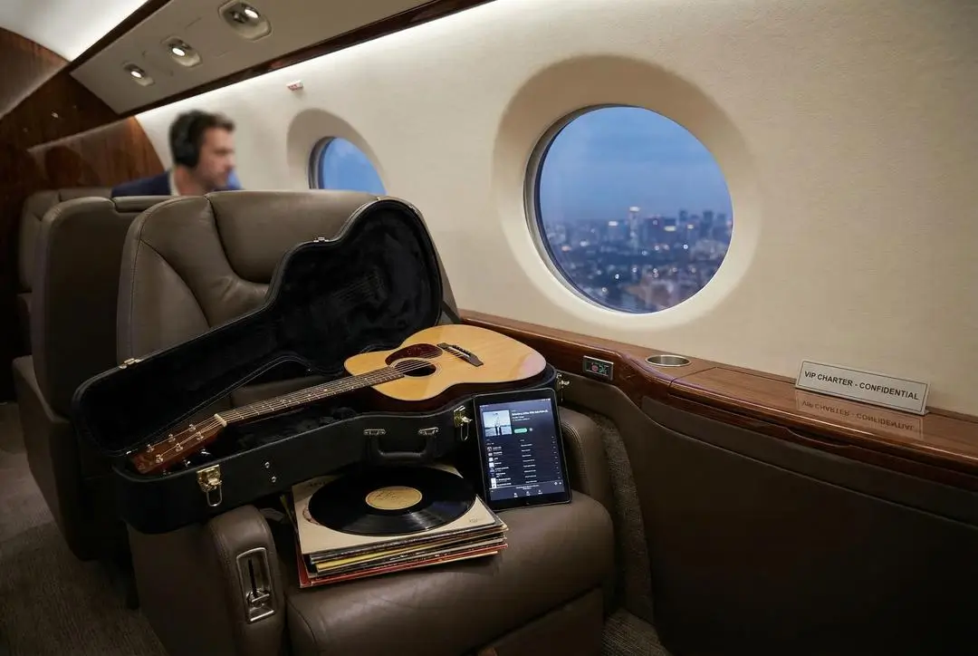 Chitarra acustica in custodia aperta, dischi in vinile e tablet su un sedile in pelle all'interno di un jet privato con un paesaggio urbano visibile attraverso il finestrino.