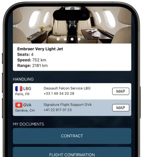 Schermata dell'app mobile che mostra i dettagli di Embraer Very Light Jet con posti a sedere, velocità, autonomia, gestione dei contatti per LBG Paris e GVA Genève e pulsanti per la conferma del contratto e del volo.