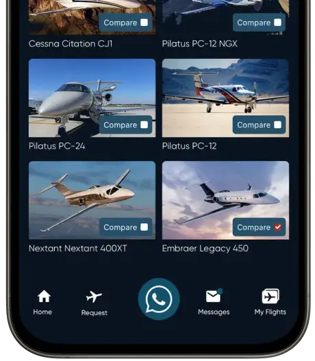 Schermo dello smartphone che mostra un'app di confronto jet con immagini e nomi di sei jet: Cessna Citation CJ1, Pilatus PC-12 NGX, Pilatus PC-24, Pilatus PC-12, Nextant Nextant 400XT ed Embraer Legacy 450, con caselle di controllo di confronto e icone di navigazione in basso.