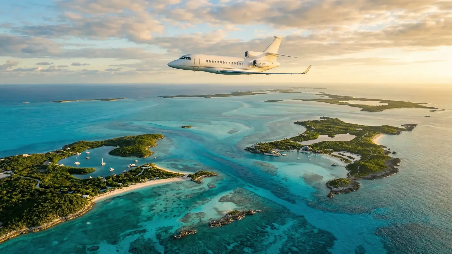 Élégant jet privé blanc en vol au-dessus de la mer des Caraïbes