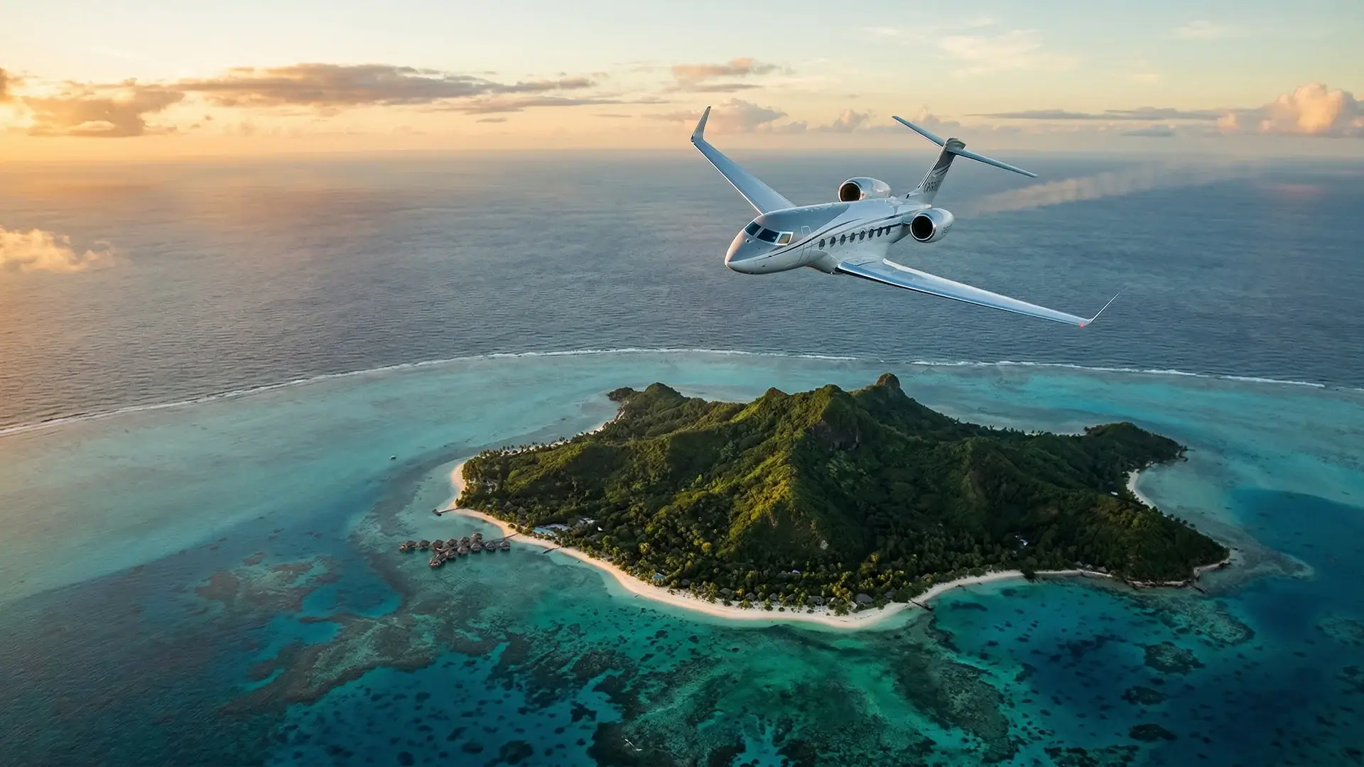 jet privato in volo sopra le acque turchesi dell'Oceano Pacifico meridionale