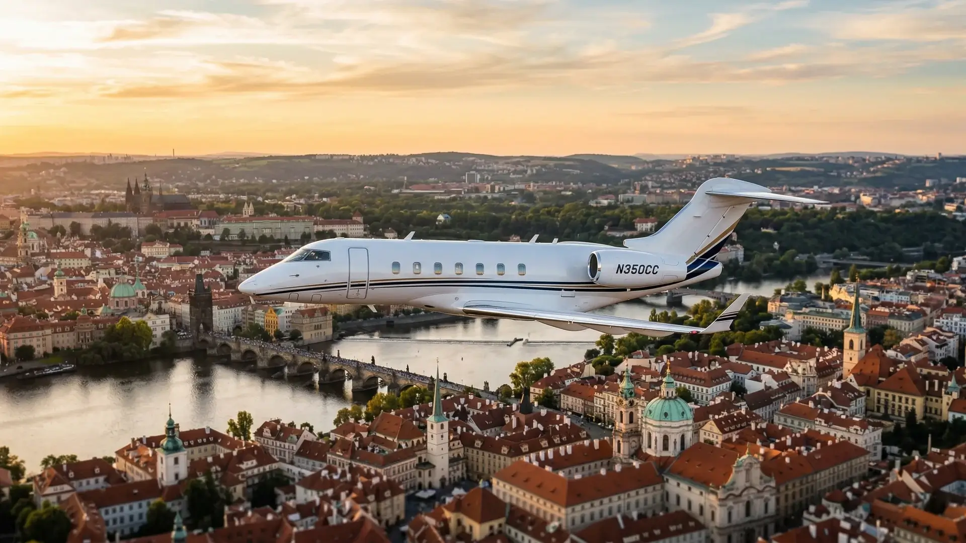 Jet privé survolant les toits et flèches emblématiques d'une capitale d'Europe de l'Est à l'heure dorée.