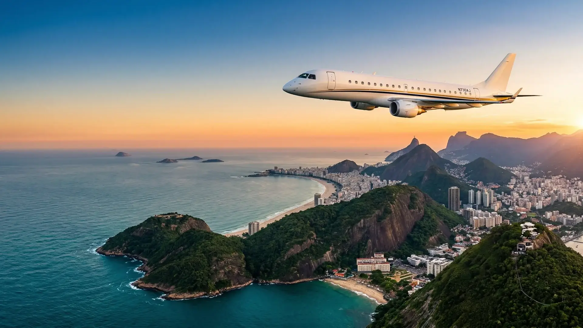 Fotografia aerea di un elegante jet privato bianco che sorvola la spettacolare costa sudamericana