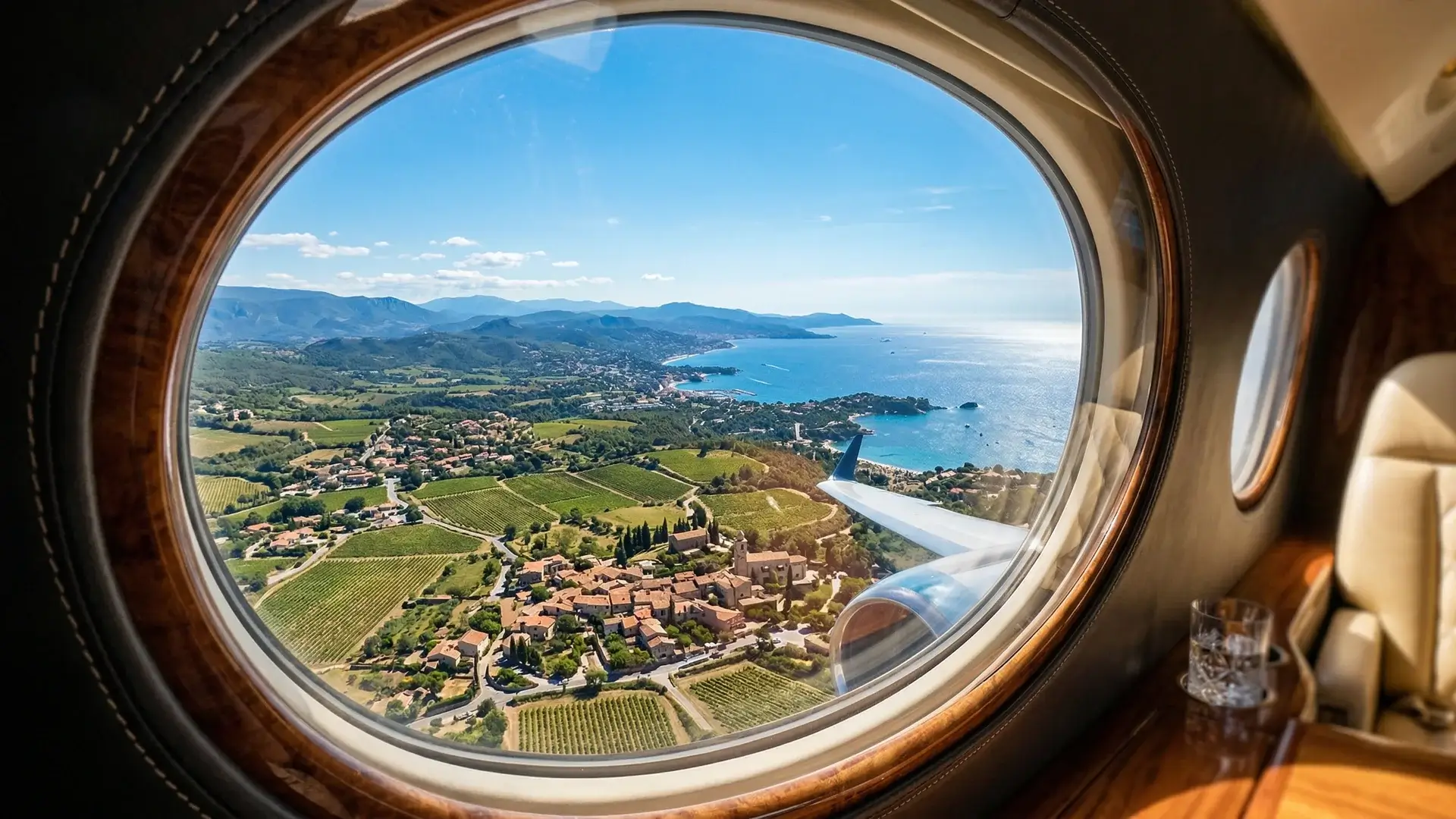 Vista a través de la ventana ovalada de la cabina de un jet privado hacia un paisaje soleado de Europa Occidental