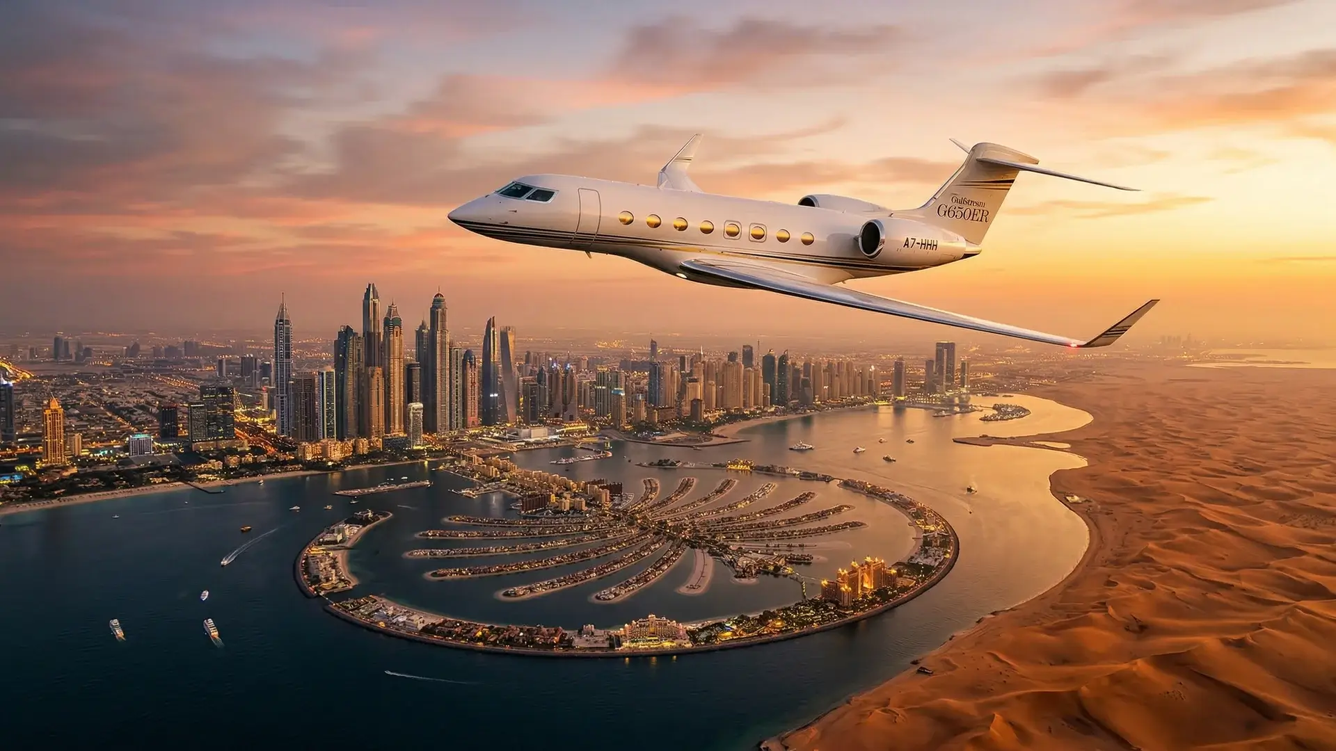 Ein luxuriöser Privatjet im Flug über eine atemberaubende nahöstliche Stadtlandschaft