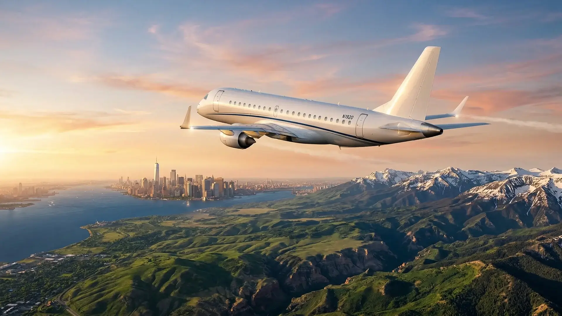 Photographie aérienne d'un élégant jet privé blanc survolant le paysage nord-américain