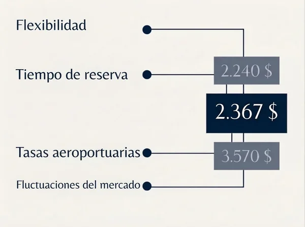Diagrama que muestra los factores del precio del alquiler de aviones privados: el plazo de reserva es de 2.367 USD, la flexibilidad de 2.240 USD, las tarifas específicas del aeropuerto de 3.570 USD y las fluctuaciones del mercado sin precio.