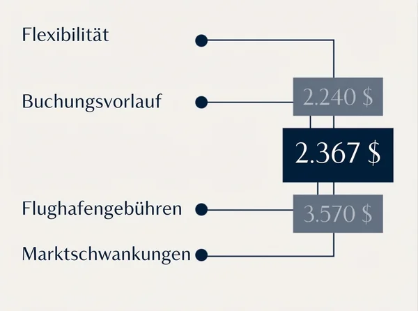 Diagramm, das die Preisfaktoren für Privatjet-Charter mit einer Buchungsvorlaufzeit von 2.367 USD, einer Flexibilität von 2.240 USD, flughafenspezifischen Gebühren von 3.570 USD und Marktschwankungen ohne Preis zeigt.