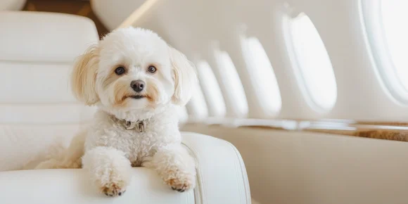 Piccolo cane bianco soffice seduto su un sedile in pelle bianca all'interno di un jet privato con finestrini laterali.