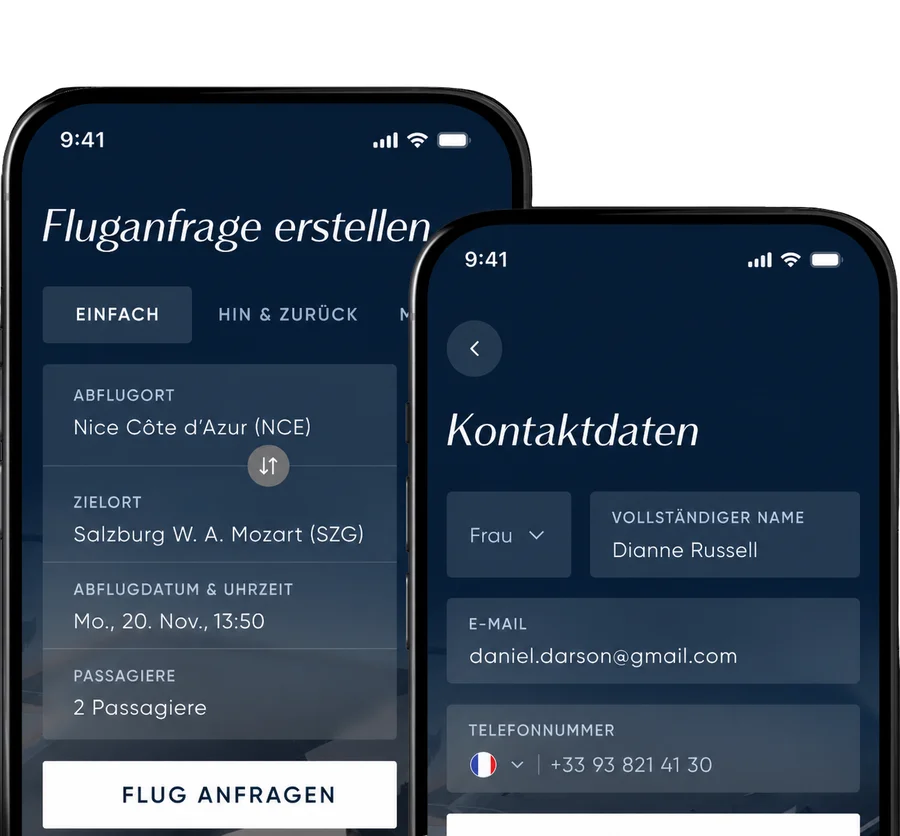 Die mobile App-Oberfläche von LunaJets zeigt das Fluganfrageformular und die Kontaktdatenbildschirme auf zwei Smartphones an