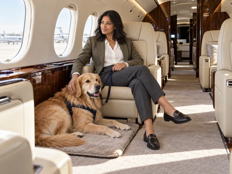 Golden retriever descansando en una esterilla junto a su dueño sentado en la cabina de un jet privado