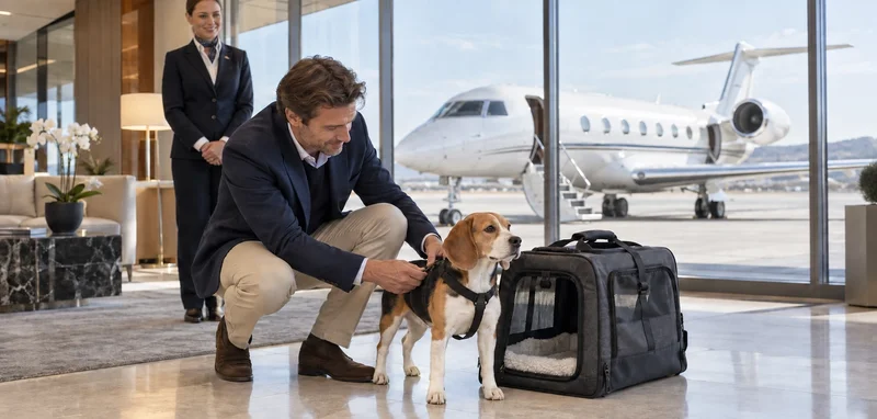 Pasajero preparando a un beagle junto a su transportín en una terminal privada, con un jet visible por las ventanas
