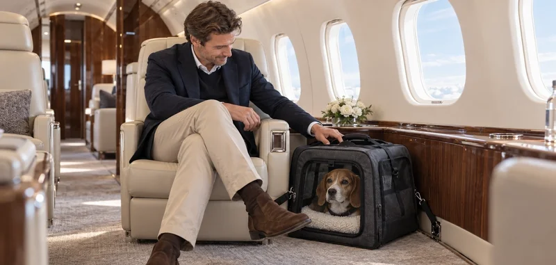 Beagle descansando en un transportín asegurado junto a su dueño sentado en un jet privado