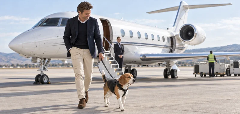 Pasajero paseando a un beagle con correa por la plataforma junto a la escalerilla abierta de un jet privado
