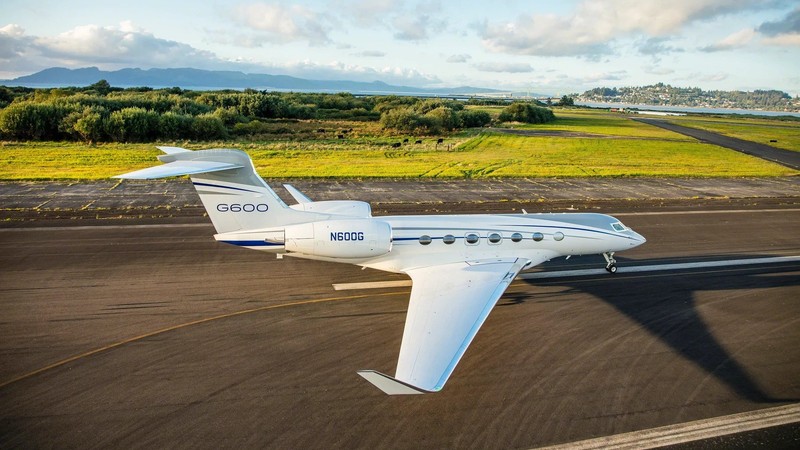 Gulfstream G600 private jet on runway with registration N5G0G, mountains and green fields visible in background.