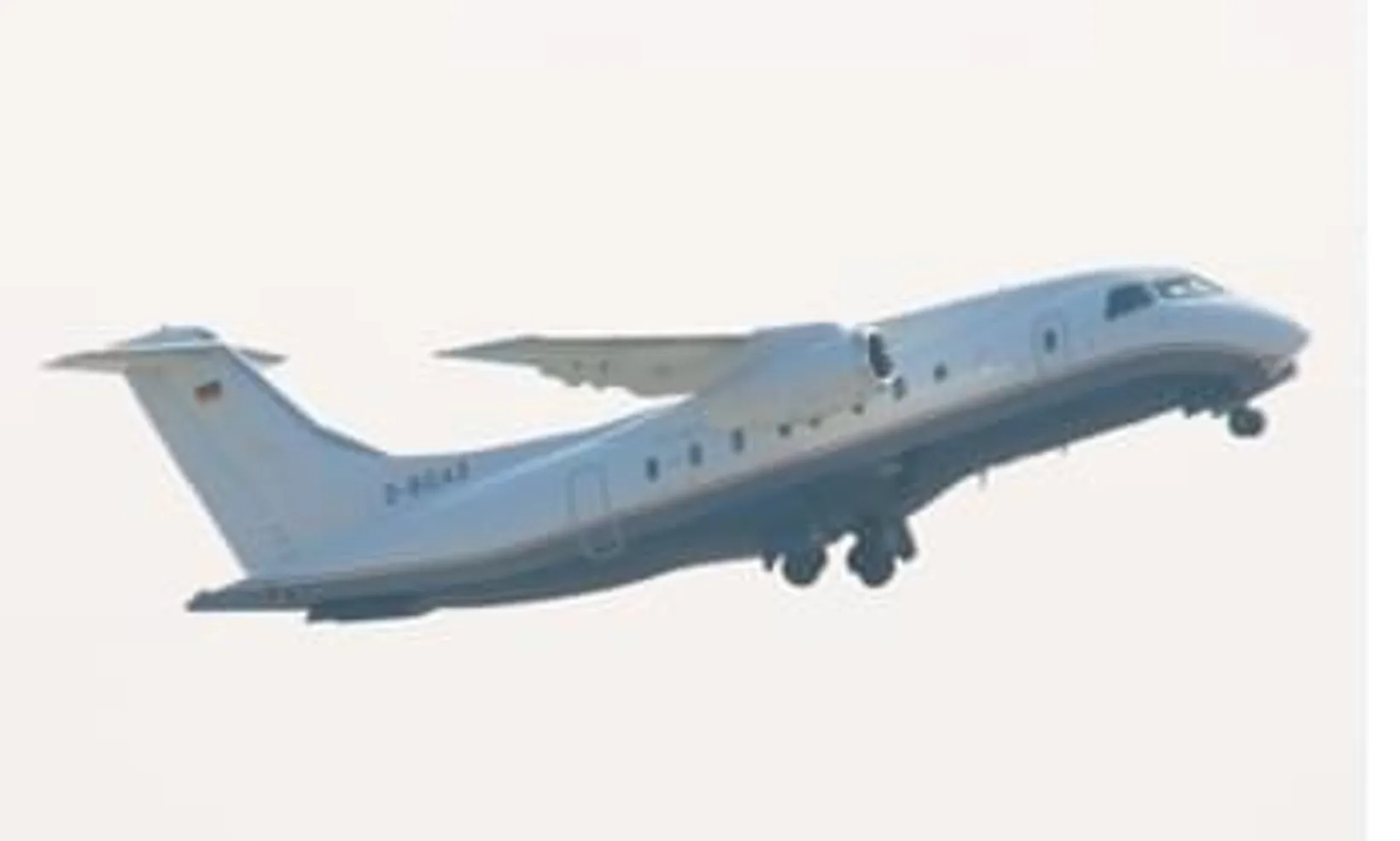 Light blue Dornier 328 Executive twin-engine aircraft in flight, ascending against a clear sky, captured in side profile v...