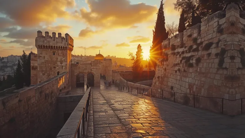 Une vue captivante sur le lever du soleil sur le fort historique de la vieille ville de Jérusalem.