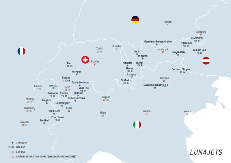Karte der alpinen Skigebiete, Heliports und Flughäfen