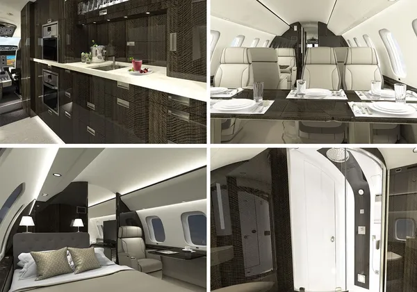 Przestronna kabina Global 8000 ze skórzanymi siedzeniami, akcentami drewnianymi i oświetleniem ambientowym