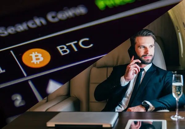 Zusammengesetztes Bild eines Bitcoin-Handelsbildschirms und eines Geschäftsmanns in einem Privatjet mit Champagner