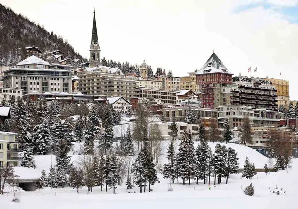 Pokryte śniegiem miasteczko wypoczynkowe St. Moritz z okazałymi hotelami, wieżą kościelną i drzewami alpejskimi