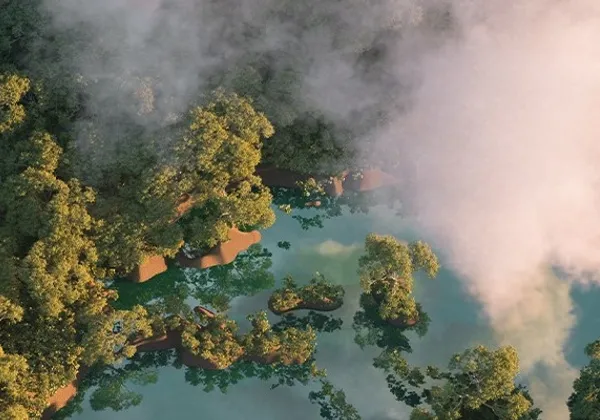 Mglisty widok z lotu ptaka na bujne zielone wyspy na turkusowym jeziorze