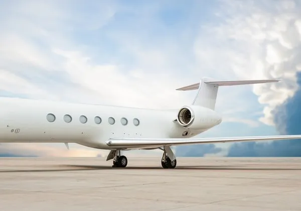 Elegancki biały prywatny odrzutowiec zaparkowany na płycie lotniska pod dramatycznym, zachmurzonym niebem