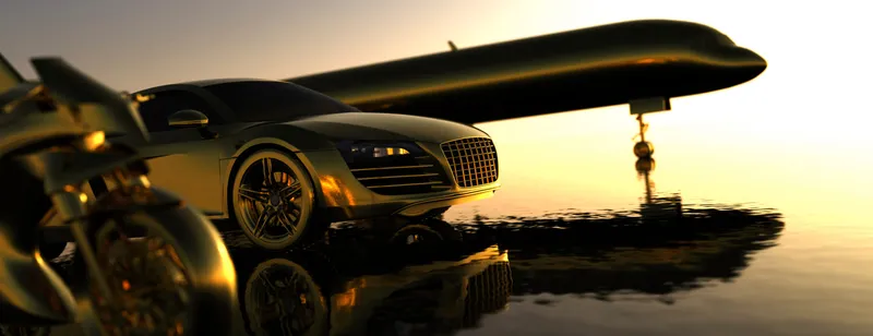 Gazdag, arany motor, sportautó és privát üzleti repülőgép koncepció, 3D renderelés