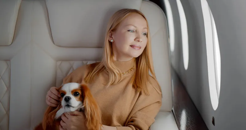 Elegáns, érett nő egy imádnivaló kutyával egy privát jet belsejében. Portré egy magabiztos, tehetős üzletasszonyról, aki első osztályon utazik cocker spániel háziállatával