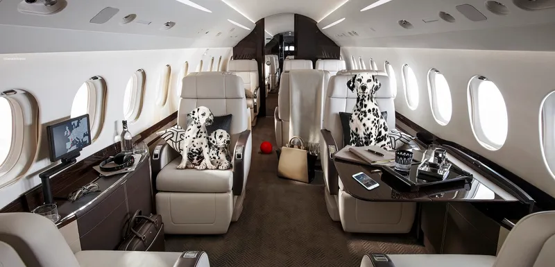 Adorable cachorro de dálmata disfruta de las vistas desde el lujoso asiento de ventanilla de un jet privado.