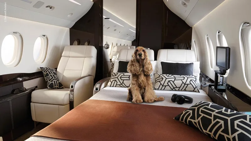 cocker dog sitting on a private jet falcon 7x king size bed