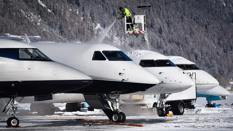 Un uomo che rimuove il ghiaccio dalla superficie di un aereo. Questa operazione è chiamata de-icing