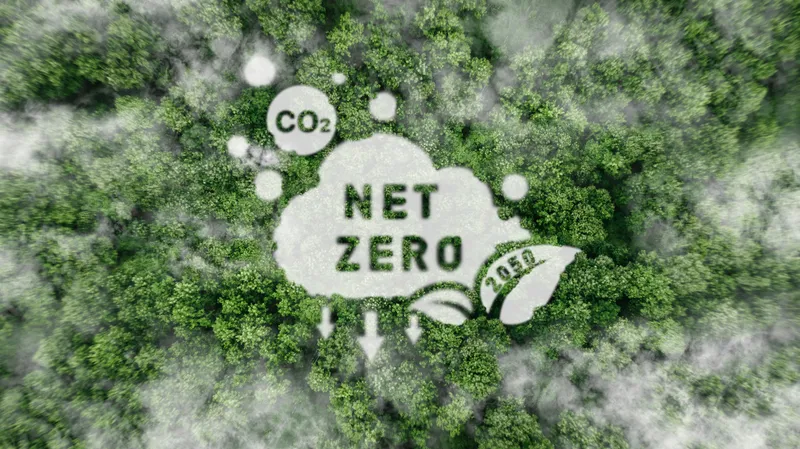 Forêt avec le texte : zéro émission nette de CO2 d'ici 2050.