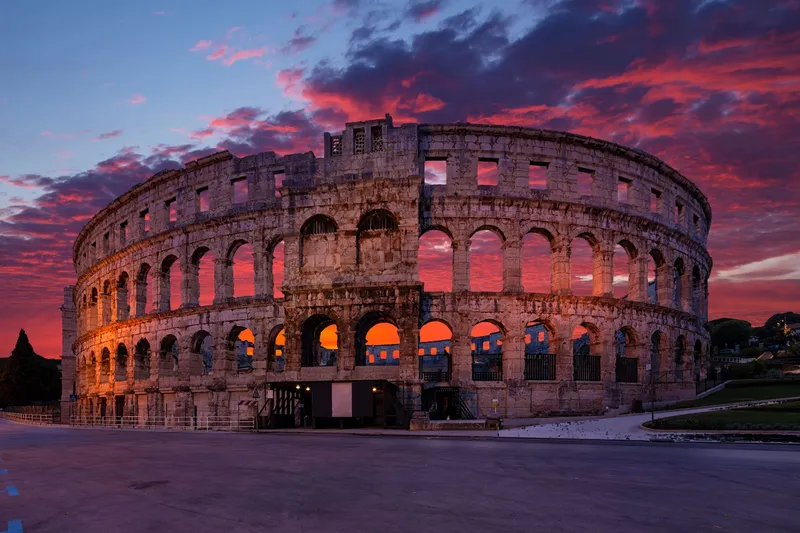 Sunset behind the Pula Amphitheatre in Croatia