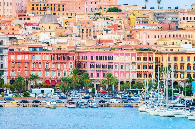 Colourful facades on the beach promenade of Cagliari in southern Sardinia