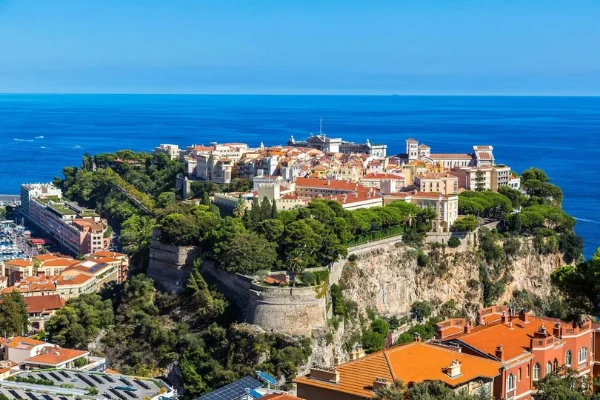 Panoramic view of Monaco with historic buildings on a rocky cliff