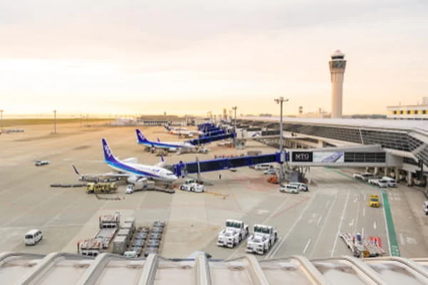 Несколько голубых и белых самолетов припаркованы у причалов в аэропорту Чубу Централ Эйр.