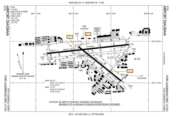 Diagramme de piste de l'aéroport exécutif de Fort Lauderdale montrant stationnement.
