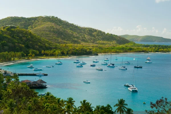 Une baie côtière pittoresque aux eaux turquoise parsemée de voiliers amarrés, entourée de collines verdoyantes et de végétation tropicale.