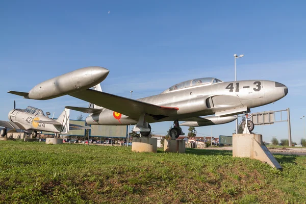 Vintage military jet aircraft on display at Seve Ballesteros–Santander Airport, with registration number 41-3 visible on the fuselage.