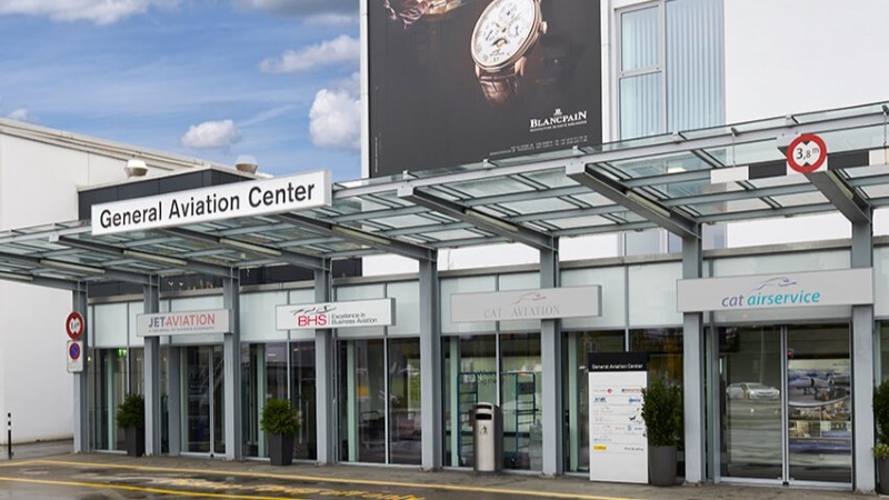 Entrance to BHS Aviation at Zurich’s General Aviation Centre, alongside other FBOs, offering bespoke handling and private jet support.