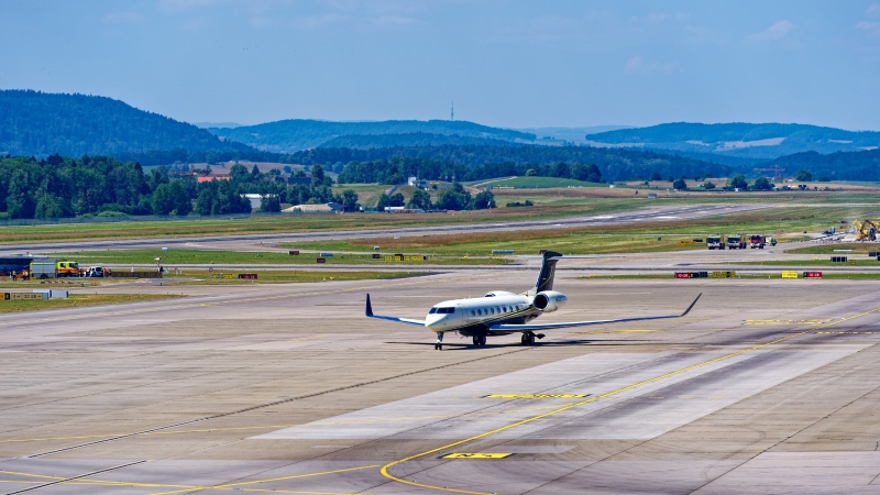Private jet on the apron at Zurich Kloten Airport.
