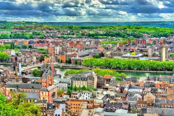 Una vibrante vista aérea de Lieja, Bélgica, tomada desde la Ciudadela, que destaca la arquitectura histórica de la ciudad, la exuberante vegetación y el serpenteante río Mosa.