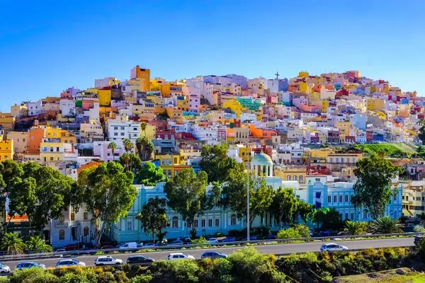 Gran Canaria many colorful houses in Ciudad alta, Las Palmas. Sunny view of the picturesque old town.