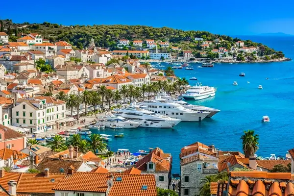 Aerial view at Hvar town in Southern Croatia, famous luxury travel destination in Europe, Mediterranean.
