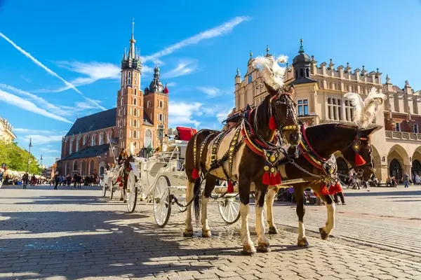 Carrosse tiré par des chevaux sur la Place du Marché Principal de Cracovie avec la Basilique Sainte-Marie et les bâtiments historiques sous un ciel bleu