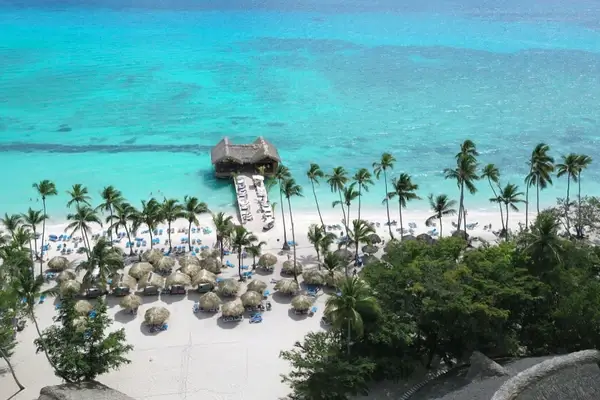 Vue aérienne d'une plage tropicale immaculée aux eaux turquoise, sable blanc, palmiers et parasols en chaume aux Maldives