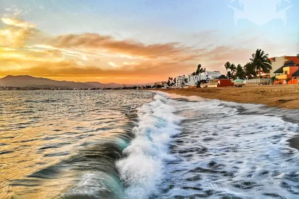 Vagues de l'océan de Manzanillo roulant sur une plage de sable bordée de palmiers